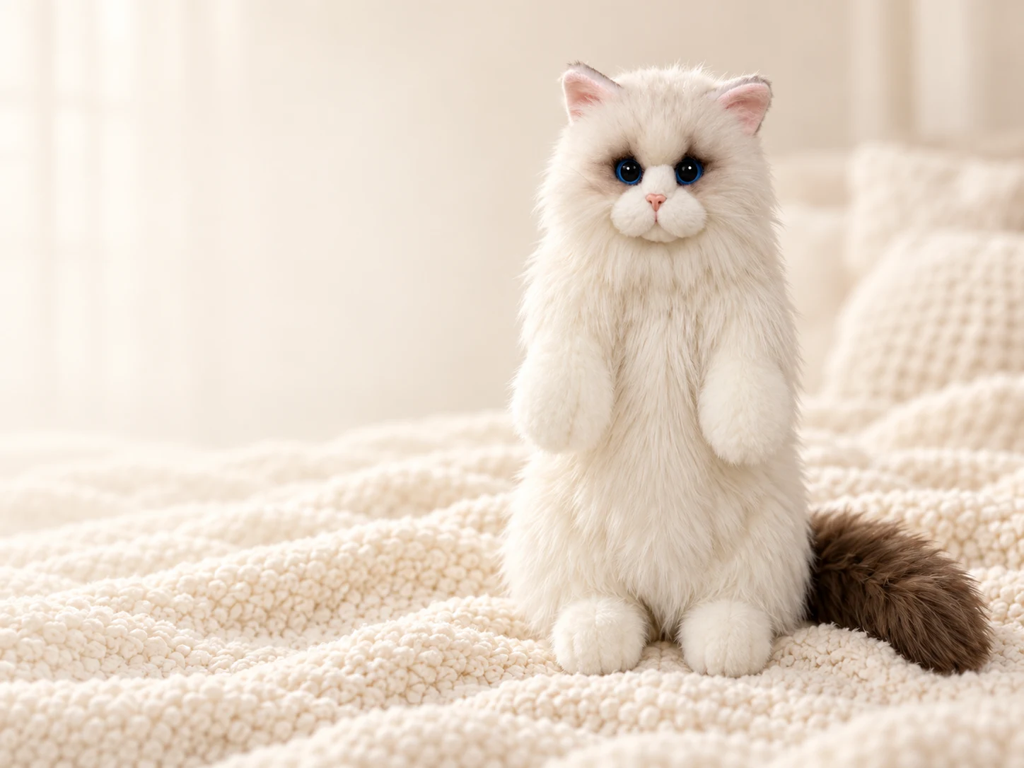 A white plush cat with blue eyes and a brown tail in a softly lit setting