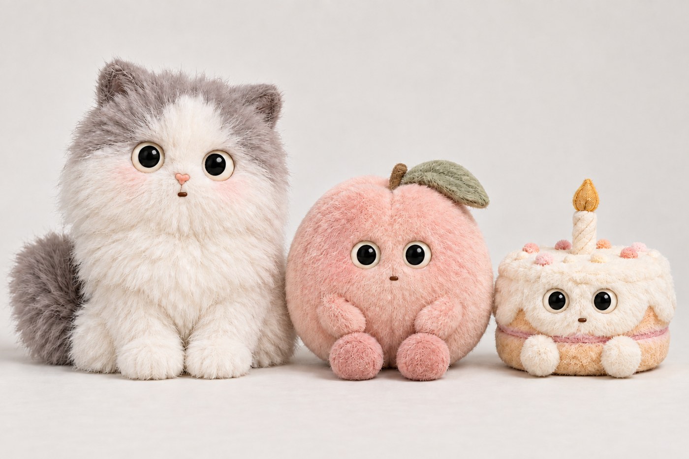 Design concepts for a cat, peach and cake plush family