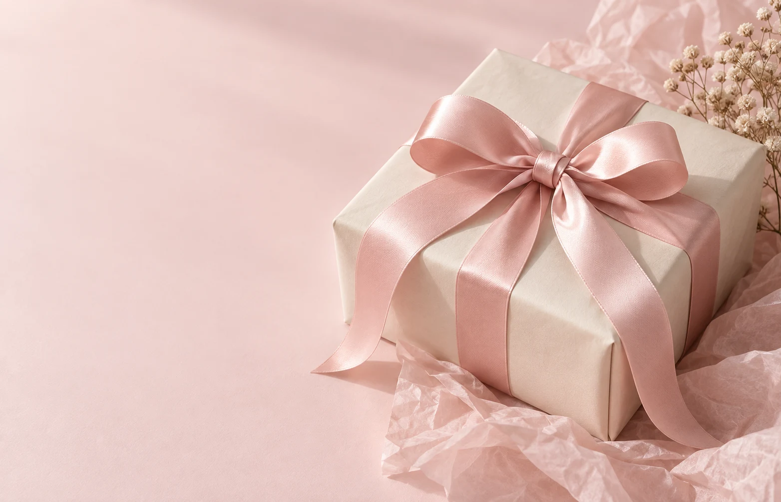 A cream gift wrapped with a soft pink ribbon; styling concept